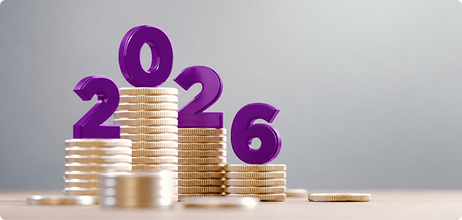 Stacks of coins forming the year 2026