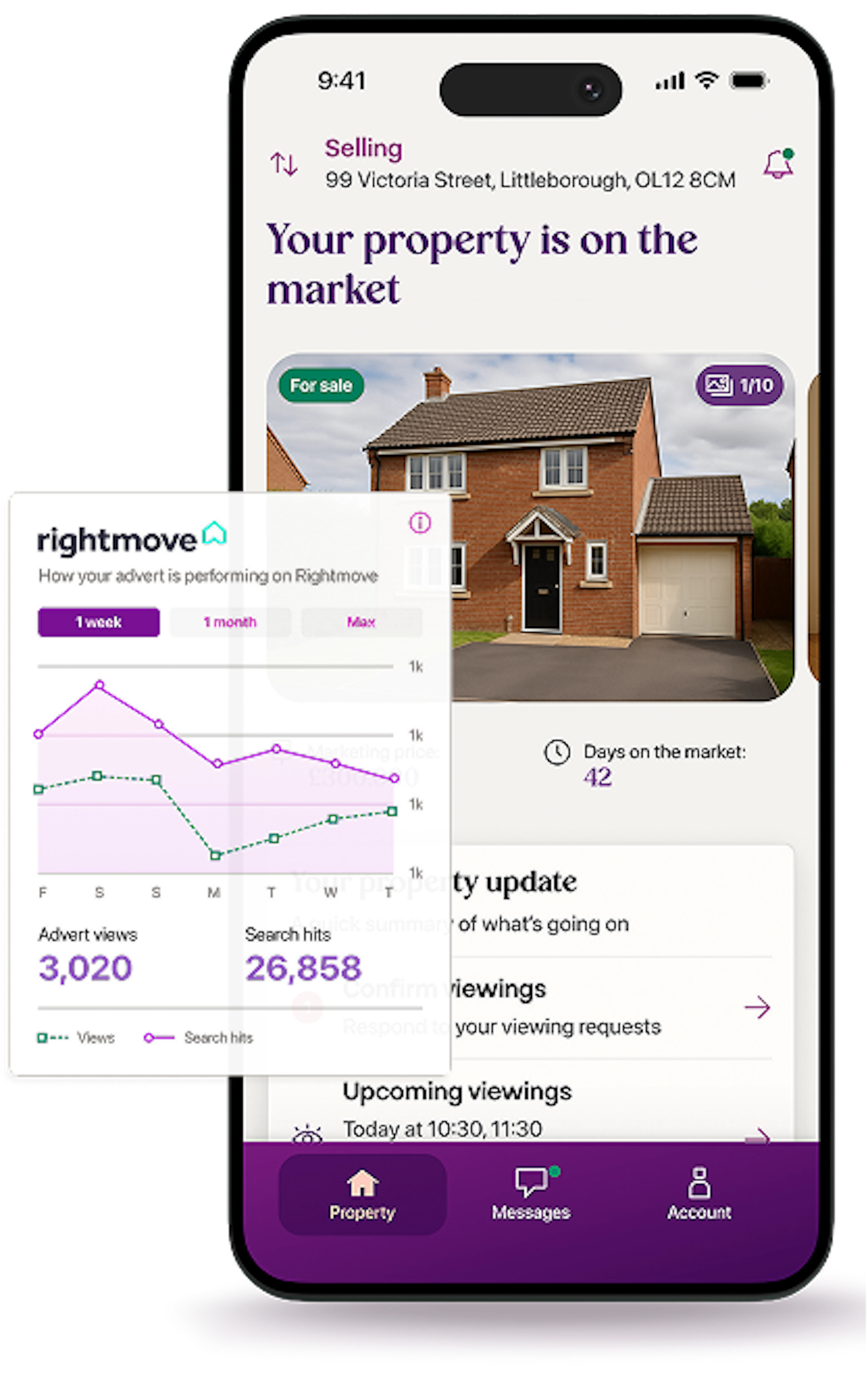 The Purplebricks app showing a property's Rightmove listing performance